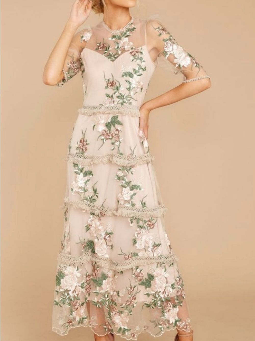 Just ME Embroidered Cream Tiered Lace Dress Size S